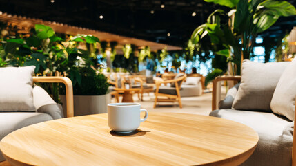 Obraz premium Modern lounge interior featuring a coffee cup on a round wooden table, surrounded by comfortable seating and abundant greenery, fostering relaxation