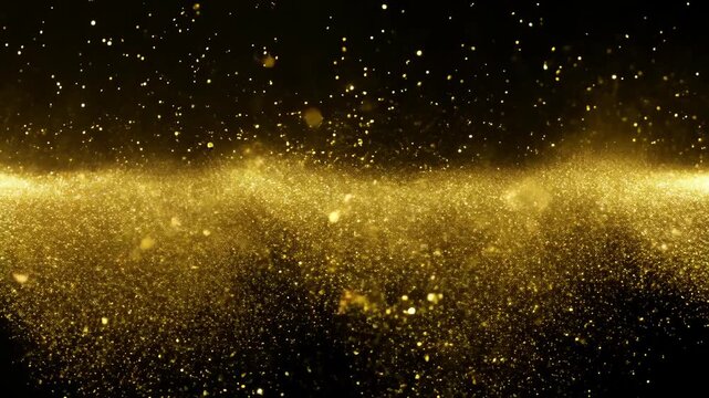 Golden particles flow gracefully across a dark background, creating a shimmering wave effect, with varying densities and brightness throughout the sequence of frames
