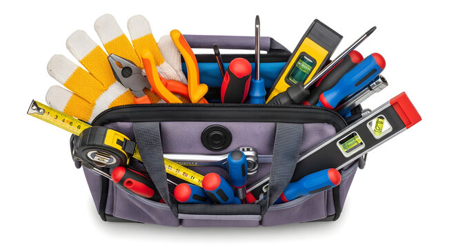 Tool bag with various tools on white background for diy and construction