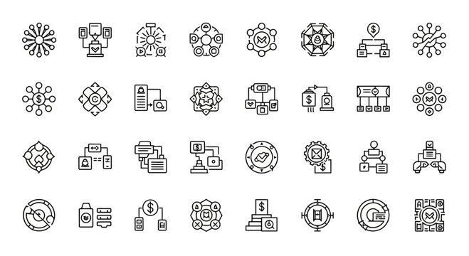 Comprehensive collection of blockchain technology and digital asset line icons, illustrating cryptocurrency, decentralized networks, data management, and secure transactions