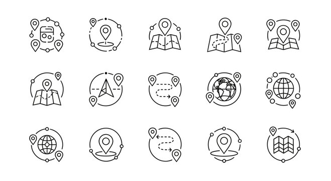 Collection of location and navigation icons, representing travel, mapping, and exploration themes