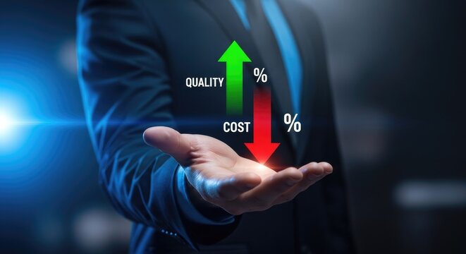 Businessman presenting increasing quality and decreasing cost concept