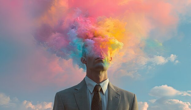 Surreal man in suit with explosion of colorful smoke emanating from head