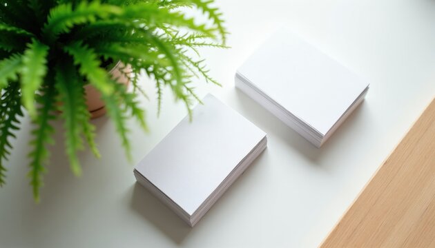 Two stacks of blank white business cards sit on a clean white surface next to a potted green plant and a wooden accent. Perfect for branding mockups.