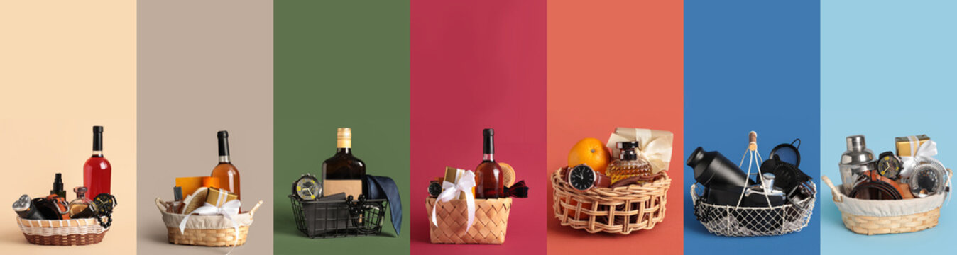 Group of gift baskets for men on color background