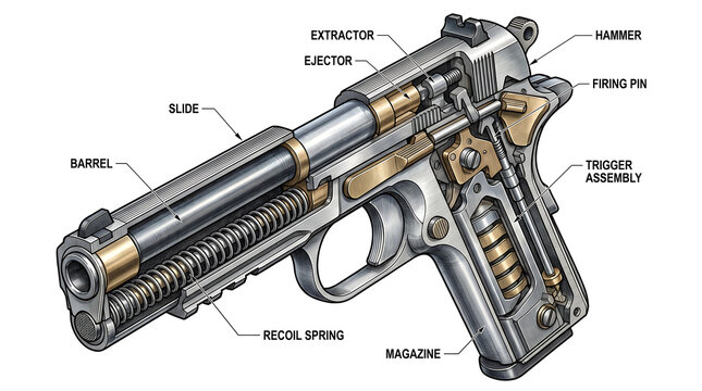 Disassembled Pistol Parts Diagram with Labeled Components