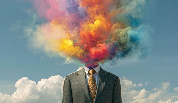 Man in suit with colorful explosion of thought emerging from head