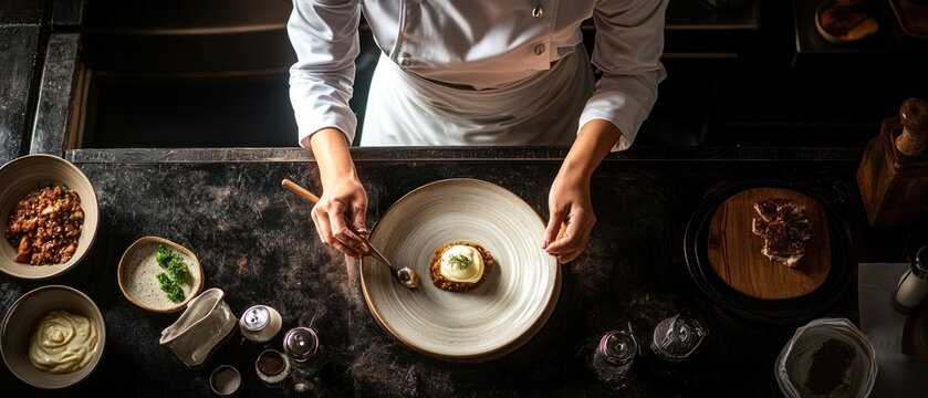 Chef plating gourmet dish overhead view creamy beige and brown food dimly lit kitchen setting