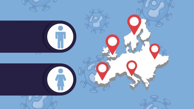 Animated infographics showing Europe map with covid virus spread and demographic icons.