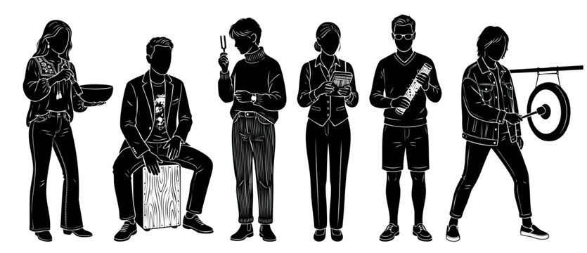 People playing musical instruments silhouette collection, vector characters with sound healing tools, cajon, gong, kalimba and tuning fork in flat black and white artistic illustration design for well