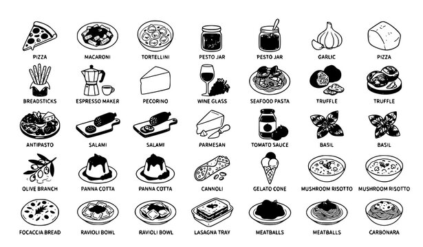 Traditional Italian Cuisine Icon Set with Pizza Pasta Coffee and Dessert Vector Illustration