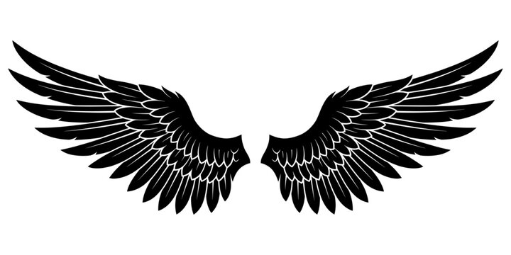 Black eagle wings illustration. Minimalist black wings silhouette for logo design, feather vector graphics for creative branding, majestic bird wings illustration for graphic art. Vector illustration.