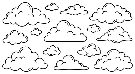 Fototapeta premium Simple cloud outlines in doodle style. Collection of clean, simple cloud outlines in black ink. Perfect for weather graphics, sky illustrations. Vector illustration.