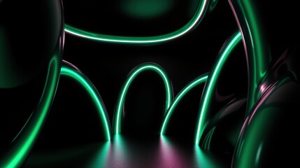 Fototapeta premium Abstract neon tubes form curved walls, creating futuristic dark space. Vivid green, pink glow illuminates sleek surfaces. Minimalist design.