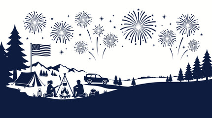 Naklejka premium Silhouette of people camping with a campfire and fireworks celebration.