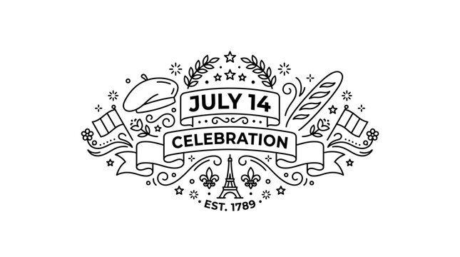 Bastille Day July 14 Celebration Emblem with French Symbols.