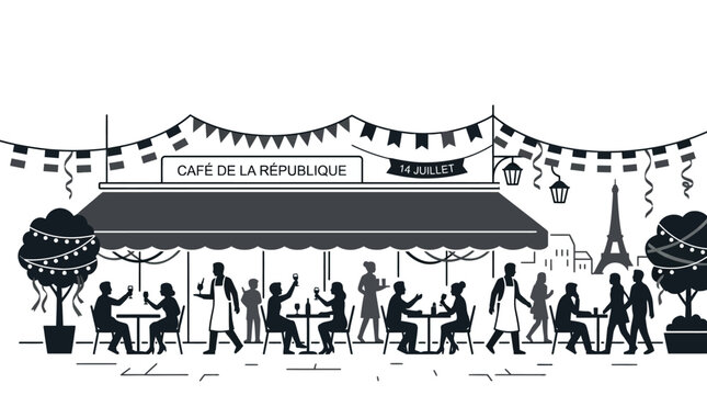 Silhouette illustration of a busy Parisian cafe terrace with people.