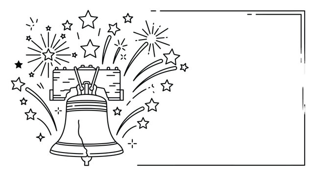 Liberty Bell with Fireworks and Stars Line Art Illustration.