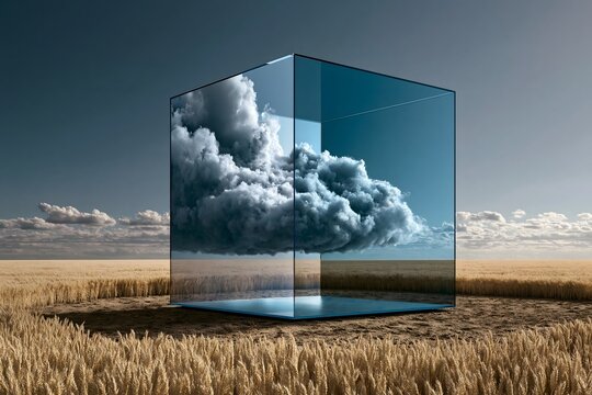 Dunkle Wolke in transparentem Glaskubus &uuml;ber goldenem Feld