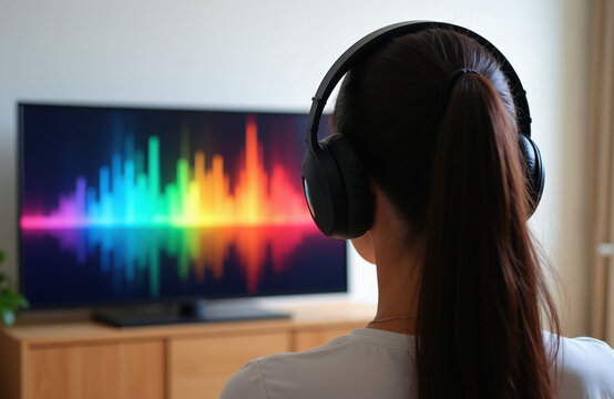 Woman with headphones watches TV showing colorful sound equalizer waves. She enjoys audio content at home, relaxing with music visualization and entertainment.