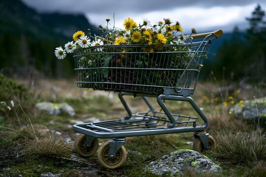 Einkaufswagen voller Wildblumen in nat&uuml;rlicher Landschaft