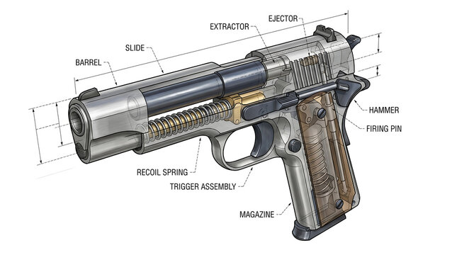 Semi-Automatic Pistol Diagram with Labeled Parts