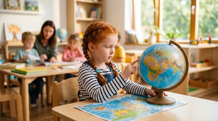 Fototapeta premium A focused girl spinning a school desktop political globe map to locate continents.