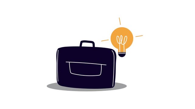 Business briefcase with glowing light bulb animation representing creative business solution and innovation concept on white background.