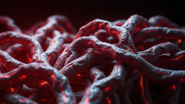 Intricate network, glowing red lines within gray structures. Abstract organic forms suggest complex system, possibly biological or digital.