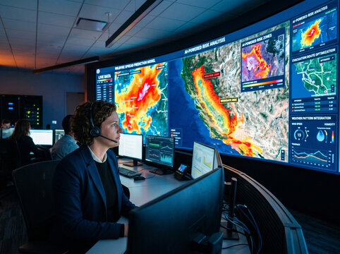 Analyst monitors weather maps on a large digital display