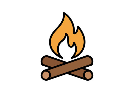 Icono de hoguera con troncos de madera cruzados y llamas de fuego de color naranja
