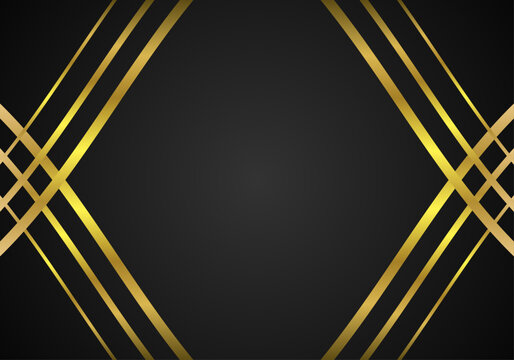 Fondo negro elegante con un marco de l&iacute;neas doradas cruzadas en las esquinas que forman una figura geom&eacute;trica central