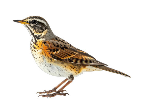 A detailed studio portrait showcases a song thrush perched against a stark black background, highlighting its intricate plumage and alert expression.