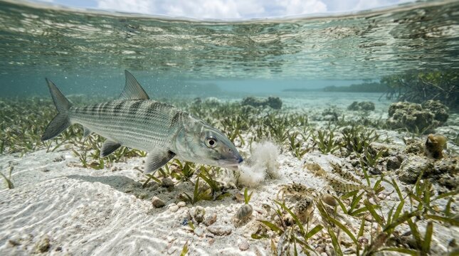 A bonefish swimming in clear water with seagrass and sand.