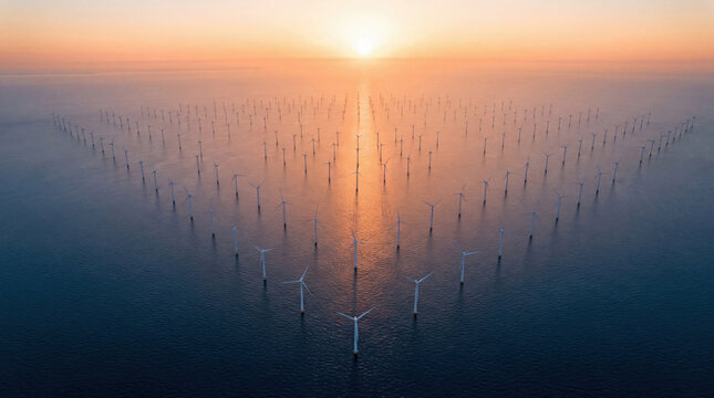 Offshore Wind Farm Bathed in Golden Sunset Over Calm Ocean Waters