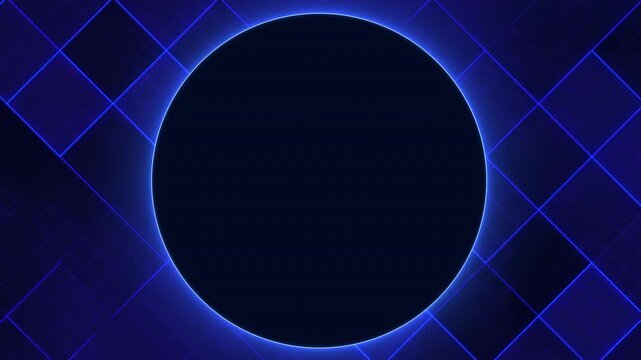 Blue neon eclipse circle with geometric grid lines on dark background, abstract tech loop with luminous energy and minimal digital depth, 4K 60fps.