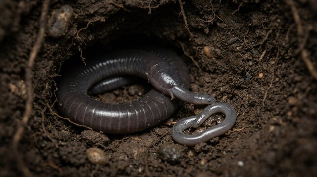 A black, segmented worm coiled in the soil, with a small, white, segmented worm emerging from the soil.