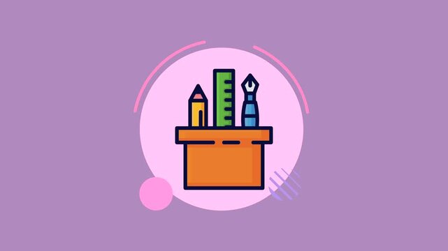 Stationery box animation featuring pencil ruler and ink pen inside orange container on purple background.