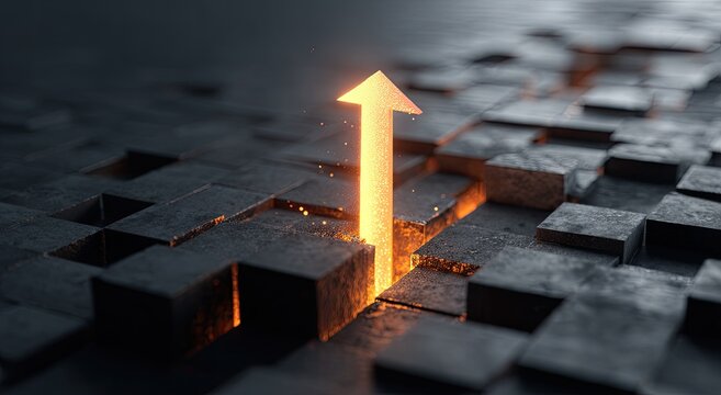 A glowing arrow erupts from a dark, textured surface