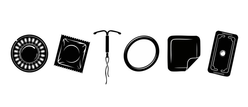 Birth control methods set icons: contraceptive pill, condom, IUD, ring, patch and emergency contraception. Collection of black flat symbols for sexual health education, family planning and prevention.