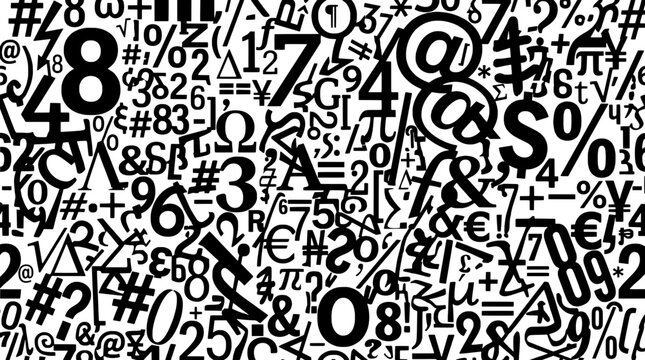 Numbers and symbols typography pattern with black graffiti scribbles, grunge code texture background for modern tech design