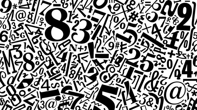 Numbers and symbols abstract background with various digits and signs featuring design, math, calculation with figures and typography elements for