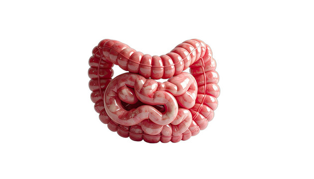 A detailed anatomical study showcases a human digestive system, prominently featuring the intestines and stomach against a stark black background.