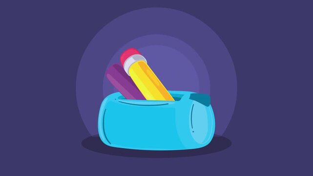 A dynamic animation showcasing a vibrant blue pencil case as pencils and erasers fall into it, perfect for educational and back to school themes.