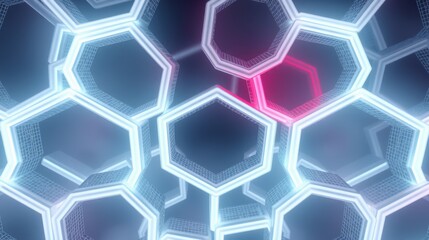 Fototapeta premium Hexagonal grid extends into distance. Blue, cyan, pink neon lights illuminate structure. Dark background creates depth. Futuristic design.