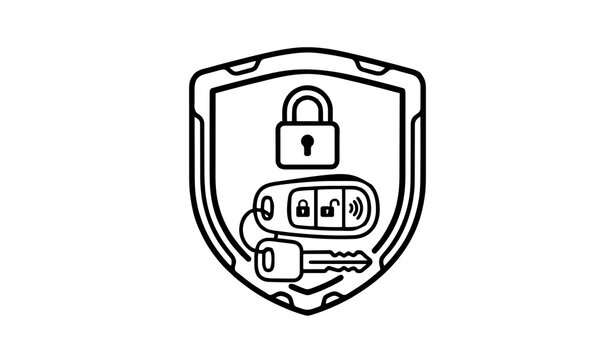 Automotive Car Key Security Shield Vector Icon: Minimalist Outline Illustration for Vehicle Protection, Remote Fob Access, and Locksmith Safety Symbols