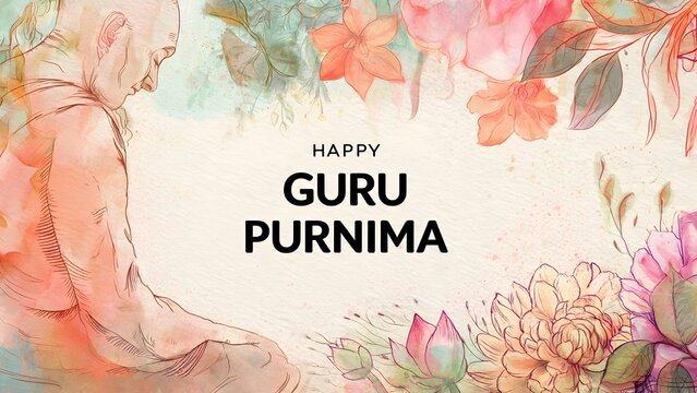 Happy Guru Purnima greeting card with monk in watercolor floral style