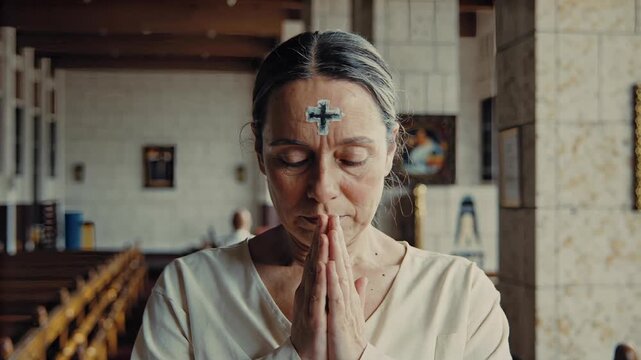 Woman with ash cross praying quietly in temple