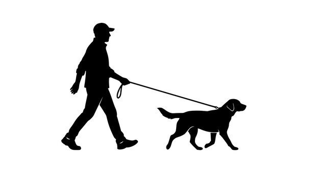 Silhouette of man walking dog on leash isolated on white background vector