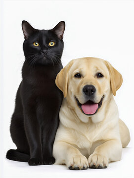 A golden-yellow Labrador Retriever puppy sits amicably with a Black cat on a white background. photos for advertising.